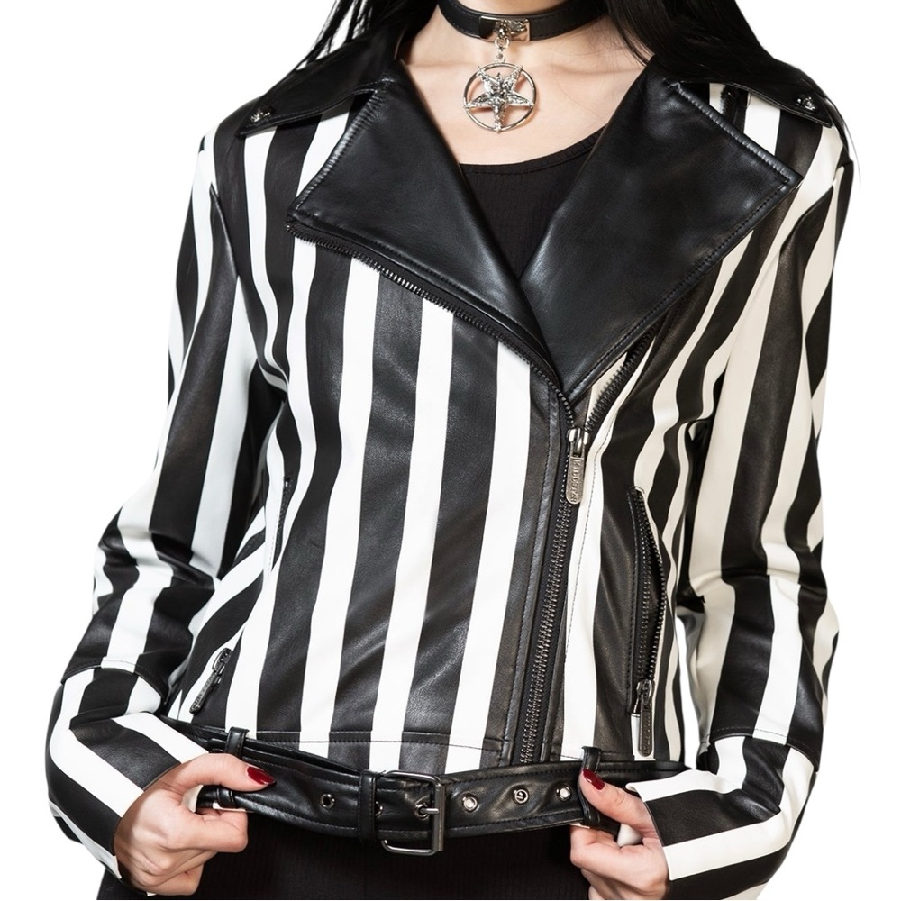 Killstar Zuriel Jacket S Biker Stripe Black White Leather